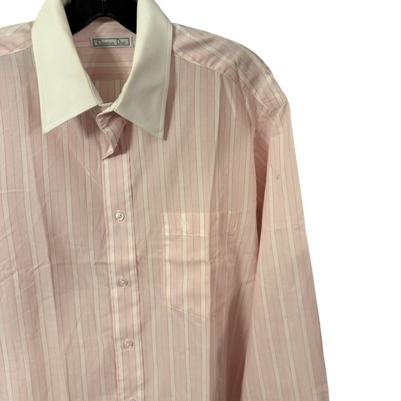 Christian Dior Men’s Button Down Shirt Pink & White Stripe Logo Sz 15 1/2 NEW - Picture 2 of 11
